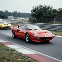vintage archival race footage of a single 1965 Ferrari F40, with elements of the De Tomaso Pantera, Lotus, GT40, BMW M1, and Countach, movie still, speed, cinematic Eastman 5384 film
