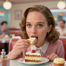 closeup face portrait of a tin toy natalie portman eating cakes in a 1 9 5 0 s diner, by nicoletta ceccoli, mark ryden, lostfish, max fleischer, depth of field, detailed and intricate environment, 8 k resolution, hyperrealistic, octane render