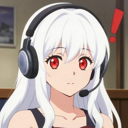 anime visual of a young woman, large red eyes, long white hair, ( ( wearing a headset in her room interior!!!!!!!!! ) ), anime poster, cute face by ilya kuvshinov, makoto shinkai, 4 k, anime cels, yoh yoshinari,, masakazu katsura