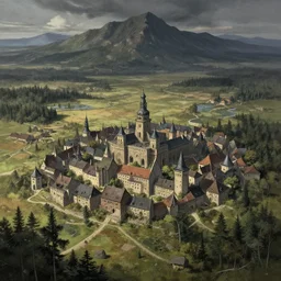 Czarni Czarów, far eastern city, medieval romania and poland, wide dreary plains, dark forest, swamps and rugged mountains, dreary, anime, a fantasy digital painting by Greg Rutkowski and James Gurney, trending on Artstation, highly detailed