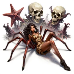 Skull that look too much like skull!, crypt lurker!!, grasp of darkness!!!, pitchburn devils, giant terrestrial starfish!!!!!, rescue from the underworld!!!!!!, 8k CG character rendering of a spider-like hunting female on its back, fangs extended, wearing a leopard-patterned dress, set against a white background, with textured hair and skin.