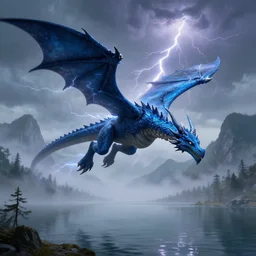 blue lightning dragon flying over big lake, misty fog, mountains in background, thunder and lightning, dungeons and dragons, highly detailed, digital illustration, art by greg rutkowski