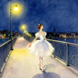 a hiper intricate watercolor of a beautiful ballerina walking at midnight by the light of the street lights on the lonely bridge extremely detailed, sharp focus, wide view, smooth, digital illustration, colorfull, by edgar degas, by edmund dulac