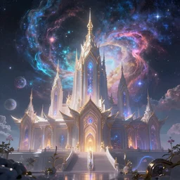 a beautiful celestial temple outside of time and space, dreamy, ethereal, eternity, the universe, cosmic, majestic, interstellar, iridescent sky, vibrant, nebula, digital art, airbrush, intricate, epic, depth, artstation, highly detailed, stunning, octane render, 8k