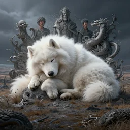 giant sleeping ( ( samoyed ) ) creature creature in a tundra landscape, dramatic lighting, moody : : by michal karcz, daniel merriam, victo ngai and guillermo del toro : : ornate, dynamic, particulate, intricate, elegant, highly detailed, centered, artstation, smooth, sharp focus, octane render, 3 d