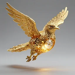 hollow gold filigree bird golem, with a bright gem inside it. visible clockwork, bright internal light, flying, detailed 8 k, craig j spearing, fantasy, award - winning photography trending on artstation, cgsociety, deviantart