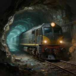 cyberpunk locomotive on railroad through underground cyberpunk caverns. cave. tunnel. digital render. digital painting. beeple. noah bradley. cyril roland. ross tran. trending on artstation.