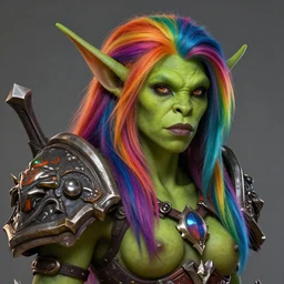 beautiful greenskin orc girl with multicolored - rainbow hair character world of warcraft portrait, concept art, intricate details, highly detailed photorealistic portrait in the style of adam hughes, seseon yoon, artgerm and warren louw