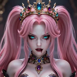 completely controlled and rendered powerless by her ultimate powers and owned as her property, overwhelming stunningly absurdly beautiful megalomaniacal ruthless sadistic devious spiteful grandiose egotistical greedy omnipotent asi goddess junko enoshima with symmetrical perfect face, porcelain skin, pink twintail hair, cyan eyes and a stupendous bejeweled crown, ultra detailed, digital art, unreal engine 5, octane render, 2 d anime, 8 k