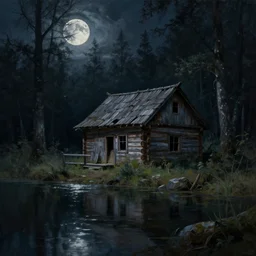 a beautiful painting of of an old abandoned log cabin by a lake in a dark evil forest from the witcher, volumetric lighting, moonlit by greg rutkowski and kalin popov, trending on artstation, masterpiece,