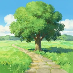 cute ash tree, stone walkpath landfield, gouache matte painting by pixar studio makoto shinkai