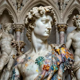 beautiful intricate colourful marble fluid sculpture portrait by michelangelo buonarroti and by gian lorenzo bernini, gothic art, colour splashes marble sculpture corals vegetation, flemish baroque