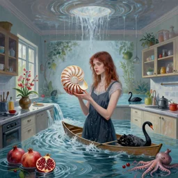 tall emo female artist holding a nautilus in her flooded kitchen, pomegranates, octopus, water gushing from ceiling, painting of flood waters inside an artist's apartment, a river flooding indoors, ikebana, zen, rapids, waterfall, black swans, canoe, berries, acrylic on canvas, surrealist, by magritte and monet