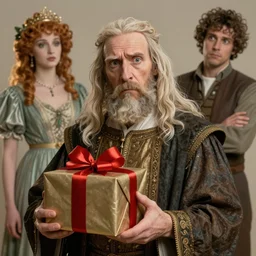 nostradamus holding a wrapped birthday gift with a confused look on his face, art by artgerm and greg rutkowski and alphonse mucha, concept art, octane render, unreal engine 5, highly detailed, high quality, 8 k, soft lighting, realistic face, path traced