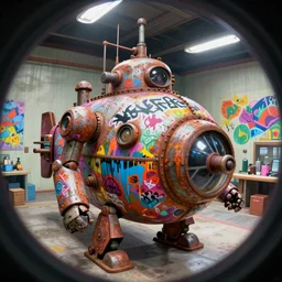 memorable animation key shot, fish eye lens, exploring the rusty robot submarine schwerer gustav!!!! covered in bold grafitti, paint drip, colorful murals, studio ghibli, pixar, disney concept art watercolor illustration by craig mullins, dean cornwell, nc wyeth, satoshi kon!