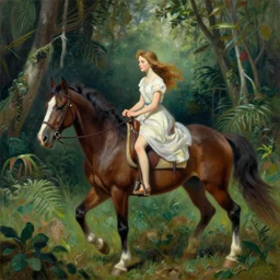 a stunning painting of a girl riding a horse through jungle by thomas kinkade and john aktinson grimshaw, matte painting, moody palette