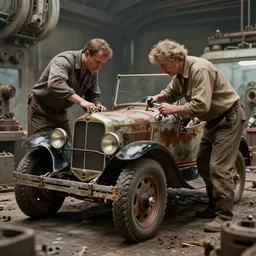 repairing a vehicle on a machine world, year 1 9 1 4, photorealistic