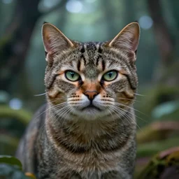 5 5 mm portrait photo of a very angry looking cat, in a magical forest. dof. bokeh. by artgerm and greg rutkowski. highly detailed 8 k. intricate. lifelike. realistic sony a 7 r iv. soft light. cinematic processing