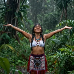a young indigenous woman under a pouring rain in the jungle, with arms wide open, smiling, art by greg rutkowski