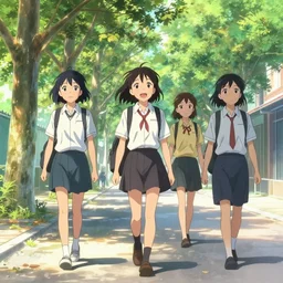 characters from girl's last tour walking alongside the tree - lined street, hyperdetailed realistic illurstration, 8 k,