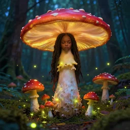 mushroom woman, dark skinned, fireflies, vivid colours, in a forest, ultra realistic