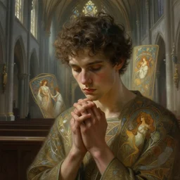portrait of man praying in church, face, young, male, short curly hair, gothic, intricate, brooding, ethereal, highly detailed, cinematic lighting, digital painting, greg rutkowski, alphonse mucha, zhang han, bayard wu, valentina remenar, 8 k