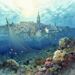 incredible wide screenshot, ultrawide, simple watercolor, rough paper texture, underwater edinburgh city landscape, backlit shot, fishing net, fish shoal, reef, boulders, pencil marks, shinjuku, koji morimoto, katsuya terada, masamune shirow, tatsuyuki tanaka hd, 4 k, remaster, dynamic camera angle, deep 3 point perspective, fish eye, dynamic lighting