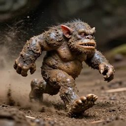 action photography, long shot, award winning macro photo of an ultra detailed muddy cave troll running very fast on mud, dirt and dust, fast shutter speed, motion blur, tiny gaussian blur, highly detailed, highly intricate, depth of field, national geographic