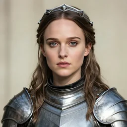 head and shoulders portrait of a female knight, young natalie portman, circlet, armored, game of thrones, eldritch, by artgerm, alphonse mucha, silken hair, etched breastplate, sharp focus, high key lighting, vogue fashion photo
