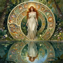 reflection in water of girl in the garden, fibonacci, insane, intricate, highly detailed, digital painting, artstation, concept art, smooth, sharp focus, illustration, unreal engine 5, 8 k, art by artgerm and greg rutkowski and alphonse mucha