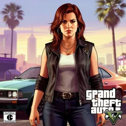 Clarice Lispector in Grand Theft Auto 5 cover art, epic, 4k resolution, extremely detailed, very sharp, artstation, digital art, vibrant,