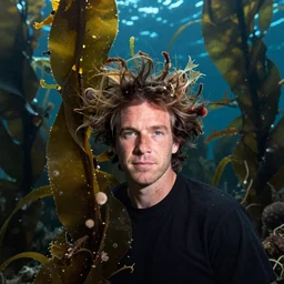 mark e smith in a kelp forest, professional underwater photography, seaweed and crustaceans in his hair