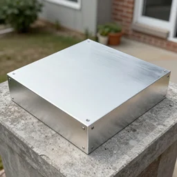 an aluminum square polished to a mirror finish in a small town front yard, highly detailed, photorealistic, trending