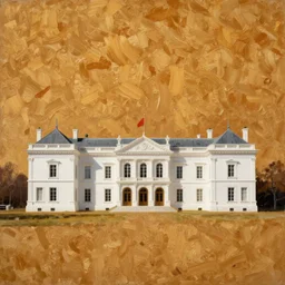 oil baroque landscape painting of a gigantic white mansion, concept art, rembrandt, warm colors, wallpaper, 4 k, realistic lighting, brushstrokes, ultra - wide, minimalistic, cinematic framing
