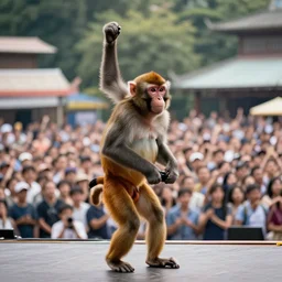 monkey performing on stage in front of a large crowd. photorealistic documentary photography