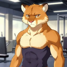 character portrait of the anthro anthropomorphic mountain lion head animal person fursona at the gym, hidari, color page, tankoban, 4 k, tone mapping, akihiko yoshida.
