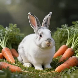 lop-eared white bunny with black spots in a grassy field surrounded by carrots