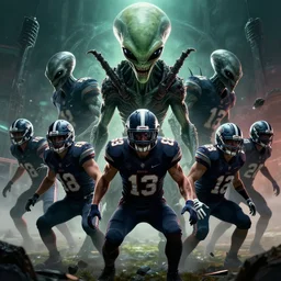 epic professional digital art of a terrifying alien American football team, best on artstation, cgsociety, wlop, cinematic, breathtaking, epic, stunning, gorgeous, much detail, much wow, masterpiece by Jim Burns