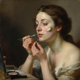 hyper - realism classical oil painting of a beautiful slightly aged woman at a makeup table with a scalpel in hand a her cheek pealing off revealing bone