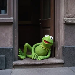 street photography picture of a muppet kermit the frog laying in the doorway of an oppressive building. fugifilm 4 k close focus. distopia sad