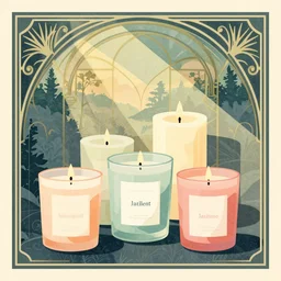 retro illustration with a set of beautiful scented candles, an art deco painting by tom whalen, trending on behance, art deco, digital illustration, storybook illustration, grainy texture, flat shading, vector art, airbrush, pastel, watercolor, poster
