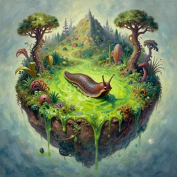 fantasy oil painting, center of the earth landscape, an island with an intelligent slug in the center of the frame, exotic vegetation, green slime oozing down, art by brothers hildebrandt, book cover illustration, sharp focus, extremely detailed
