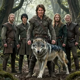 medieval fantasy half length d & d portrait photo of tom cruise as a d & d woodland druid shapechanging into a dire wolf, photo by philip - daniel ducasse and yasuhiro wakabayashi and jody rogac and roger deakins