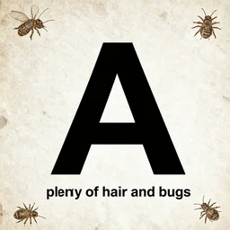 “ letter A Arial bold plenty of hair and bugs”