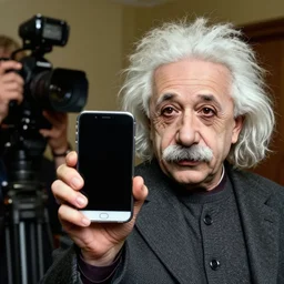 Albert Einstein show his new iPhone to camera , Color photo