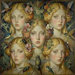 breathtaking detailed concept art painting art deco pattern of blonde faces goddesses amalmation insects with anxious piercing eyes and blend of flowers and birds, by hsiao - ron cheng and john james audubon, bizarre compositions, exquisite detail, extremely moody lighting, 8 k