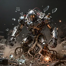 metal complex machine creature, tree roots strangled, glass debris pieces, dust particles, dramatic lighting, electronic wires, fire sparks, high resolution photo,