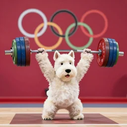 a photo of an anthropomorphic anthropomorphic westie weight lifting weightlifting barbell up in olympic