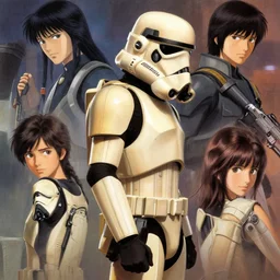 young boy wearing storm trooper uniform, tan, holding pistol at side, side view, looking down | | audrey plaza, fine detail!! anime!! realistic shaded lighting!! poster by ilya kuvshinov katsuhiro otomo ghost - in - the - shell, magali villeneuve, artgerm, jeremy lipkin