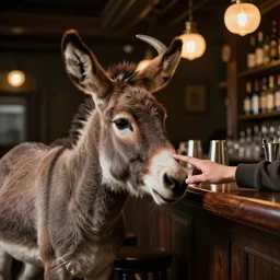 fuzzy mule, sitting at a bar, taps, bar lighting, hyper realistic, 8k